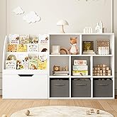 Kids Bookshelf and Toy Storage, 58.5’’ Toy Storage Organizer with Movable Chests & 3 Storage Bins, Large Kids Reading Nook Toy Organizers and Storage with 5 Cubbies for Playroom, Bedroom, White