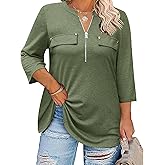 Kancystore Women's Plus Size 3/4 Length Sleeve Tops V Neck Shirts Work Blouses Zipper Spring Tunics XL-5X