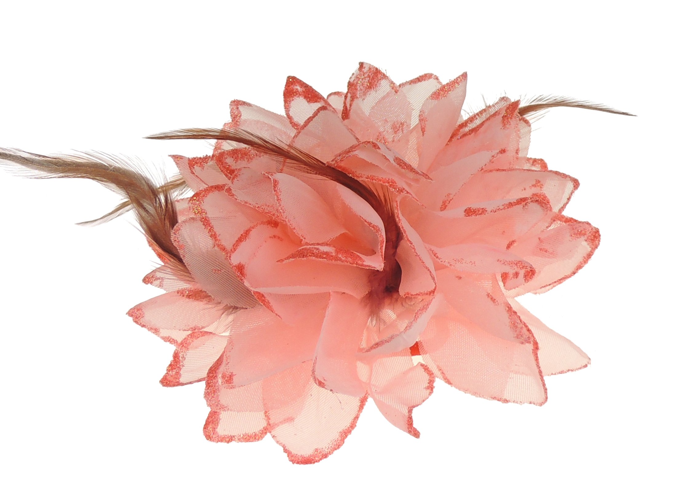 Large Feather Glitter Hair Flower Fascinator Hair Tie Clip Coral