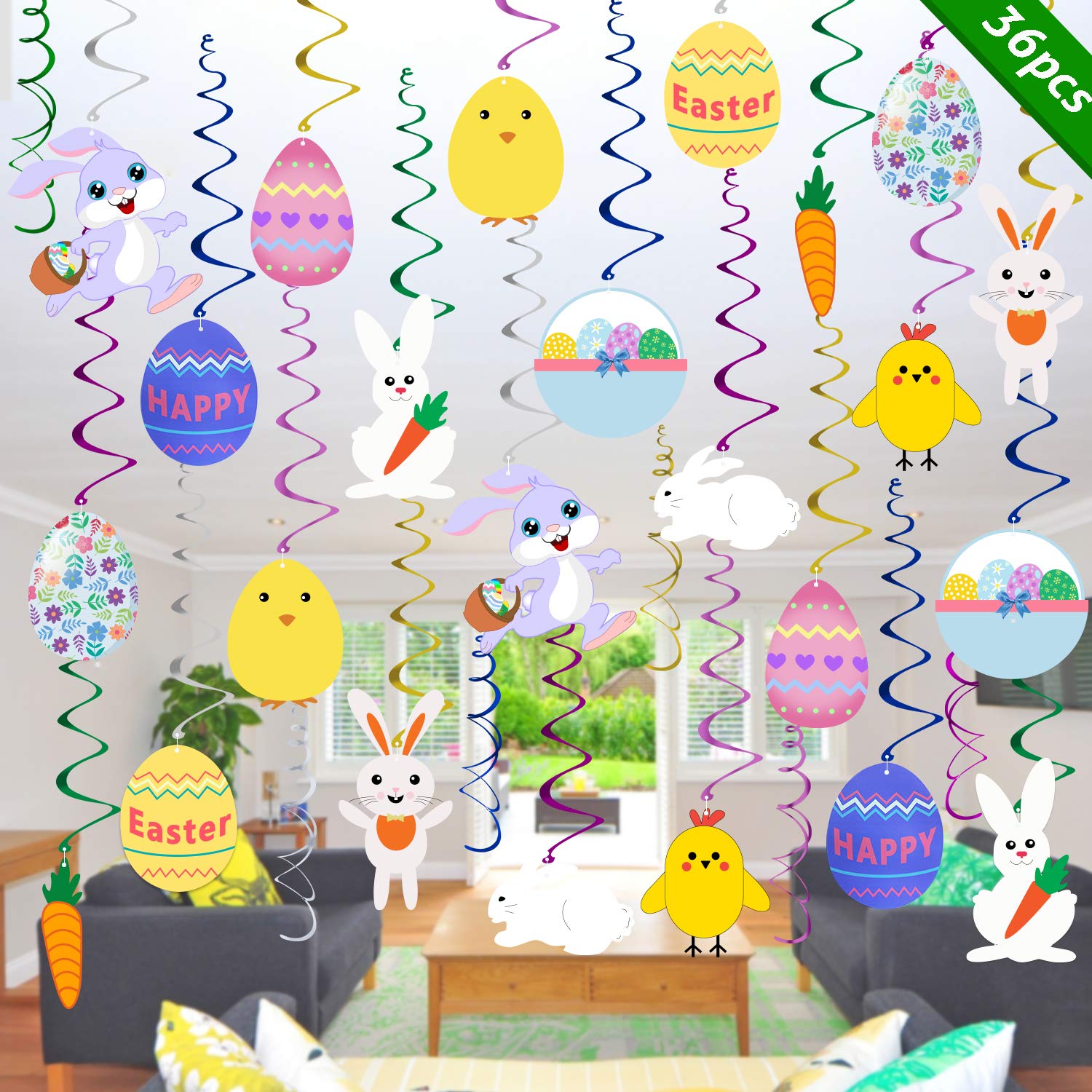 Easter Hanging Swirl Decorations - Pack of 36 | Easter Decorations Egg Bunny Hanging Swirl Foil Decoration for Home Office Party Supplies