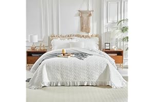 Ruffled Quilt Set Queen Size 96 * 96in - 3 Pieces Solid Shabby Chic Farmhouse Ruffle Bedding Rustic Coverlet & Sets Lightweig