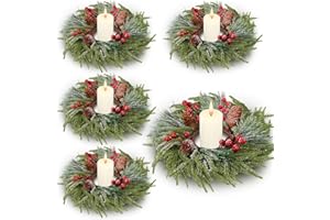 Suncalla 4 Pcs Christmas Candle Rings Wreath Decorations Artificial Red Color Berry Garland Wreaths Pine Garland Norfolk Pine Holder Pillars for Kitchen Cabinet Xmas Home Table Decor (Cute)