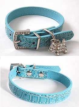 【クリックで詳細表示】選べる サイズ 首輪 クロコダイル 風 ラインストーン で 犬 猫 に 犬の チャーム 付き (水色M)