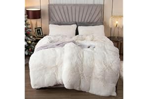 EMME Plush Shaggy White Duvet Cover Set Queen Size 3 Pieces Luxury Fuzzy Comforter Cover Set, Soft Faux Fur Fluffy Winter Bed