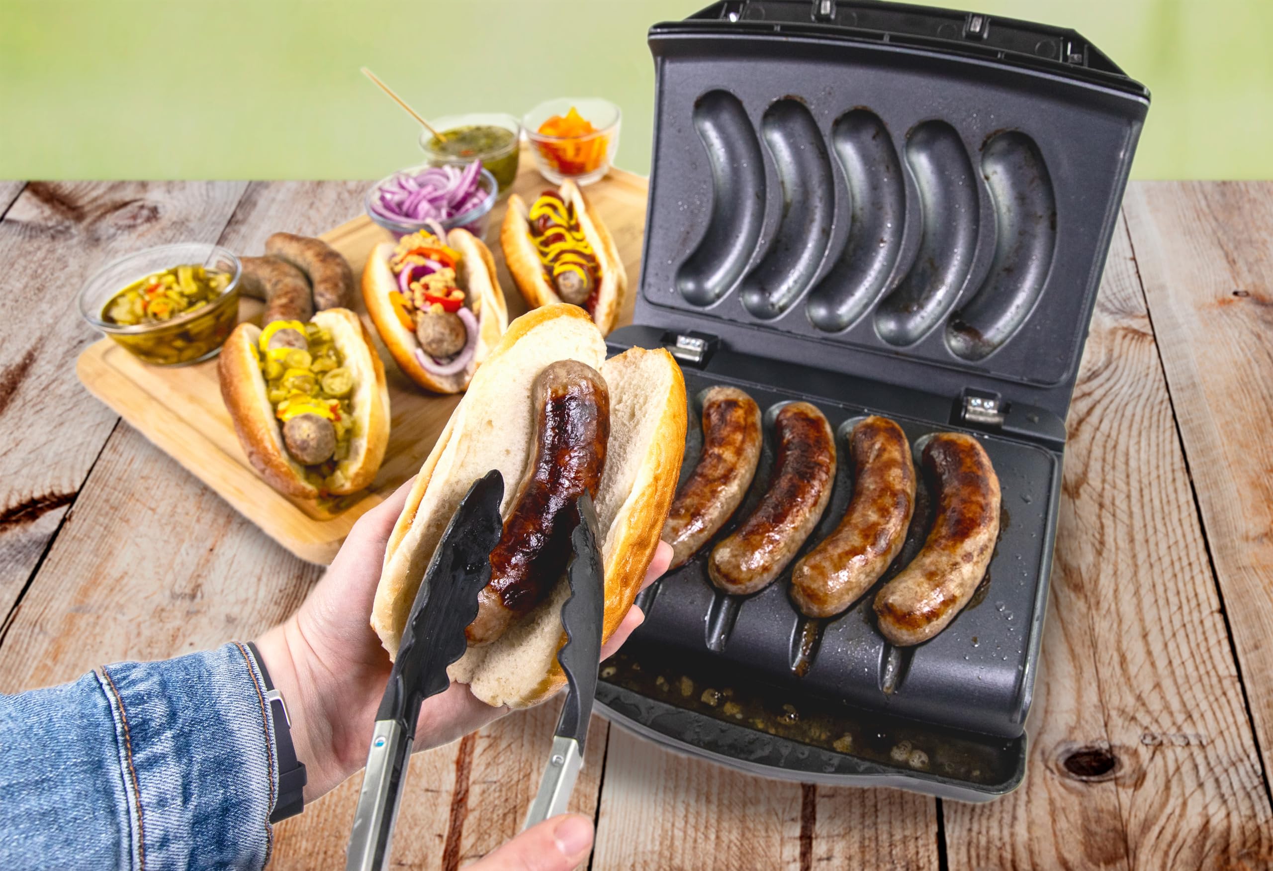 Homecraft Electric Sausage & Brat Grill with Oil Drip Tray, Carry Handle, and Cord Storage, up to 5 Links of Beef, Turkey, Chicken, Veggie Sausages, or Hot Dogs