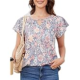 ENMAIN Womens Blouses Dressy Casual Ruffle Short Sleeve Tops for Women Floral Summer Tops V Neck Work Business Shirt