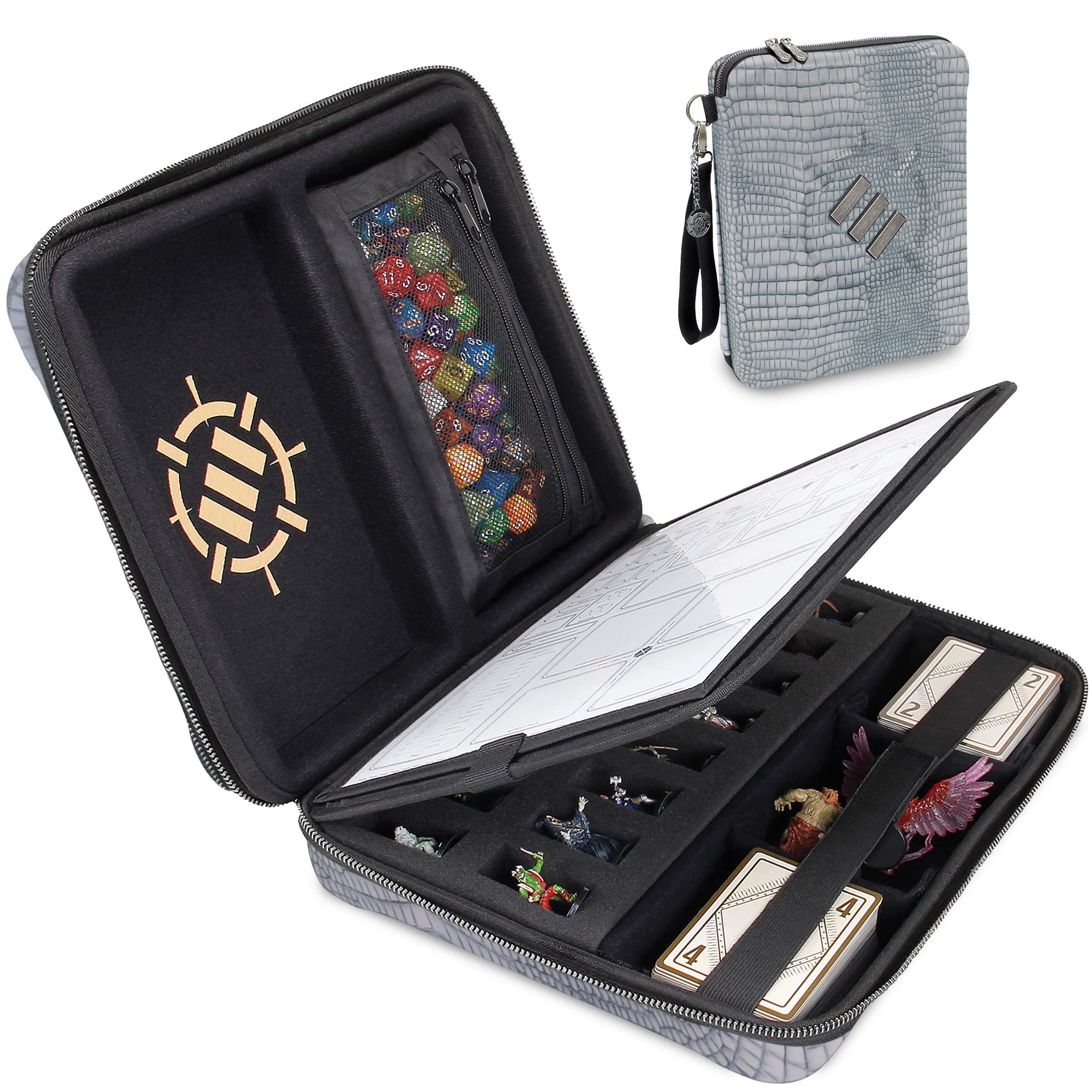 ENHANCE Collector's Edition RPG Organizer Case - DnD Binder with Built-in Character Sheet Holder and Erasable Scribe Panel, Dice Rolling Area, Removable Pen Pouch, Miniature Foam Tray (Dragon Silver)