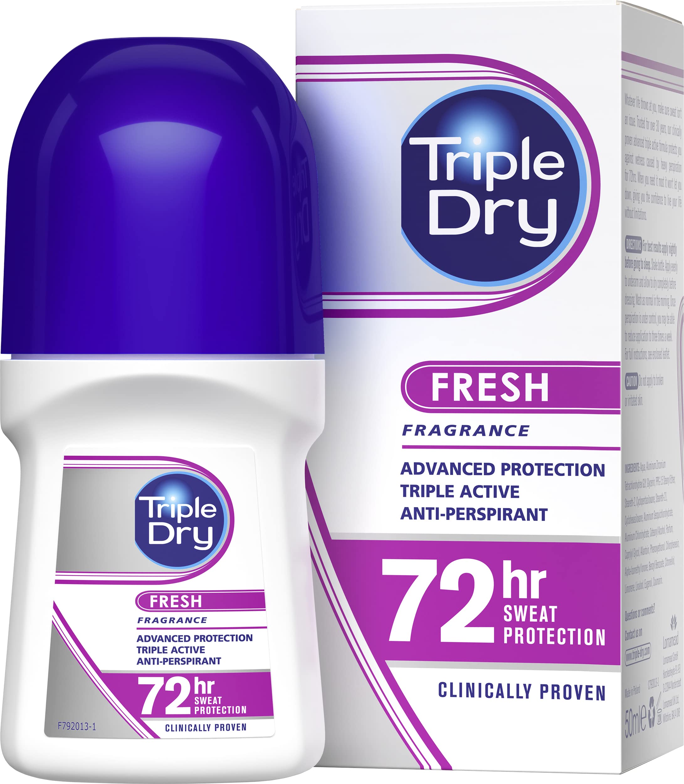 Triple Dry Women | Fresh Fragrance Anti-Perspirant Roll On 50ml | 72-Hour Protection Against Excessive Sweating | Fights Odour | Triple Active Formula | Clinically Proven | Female