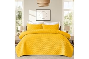 JYHOPE Quilt Set Twin Size Mustard Yellow Lightweight Soft Boho Bedding Set for All Seasons, Breathable Microfiber Comforter with Modern Weave Pattern, Reversible Bedspread for Boys & Girls Room