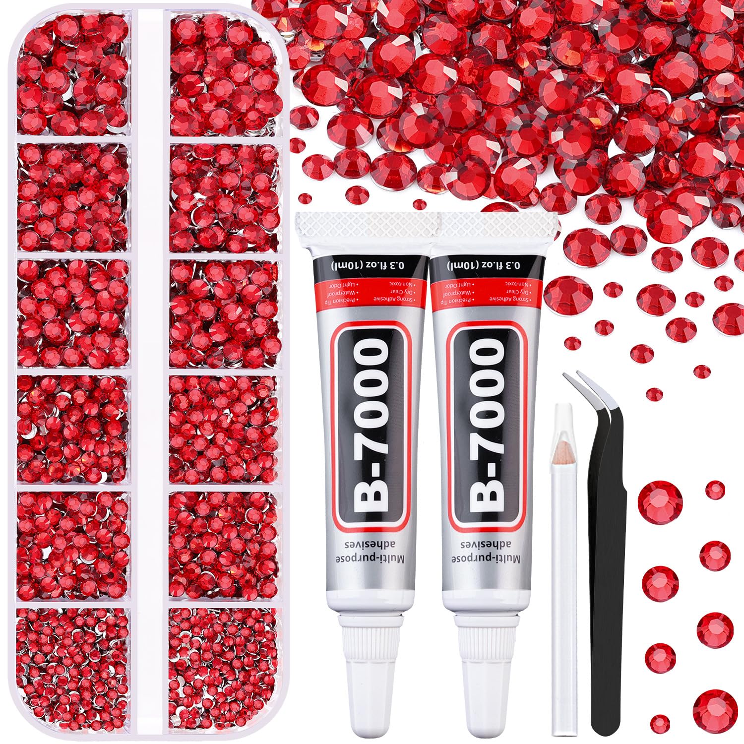 Photo 1 of 6100Pcs Resin Rhinestones for Bedazzling with 2Pcs 10ml B7000 Jewelry Glue, 1 Box Flatback Crystals Diamond (Red) for Crafting Crafts Gems for Clothing Shoes Nail Art