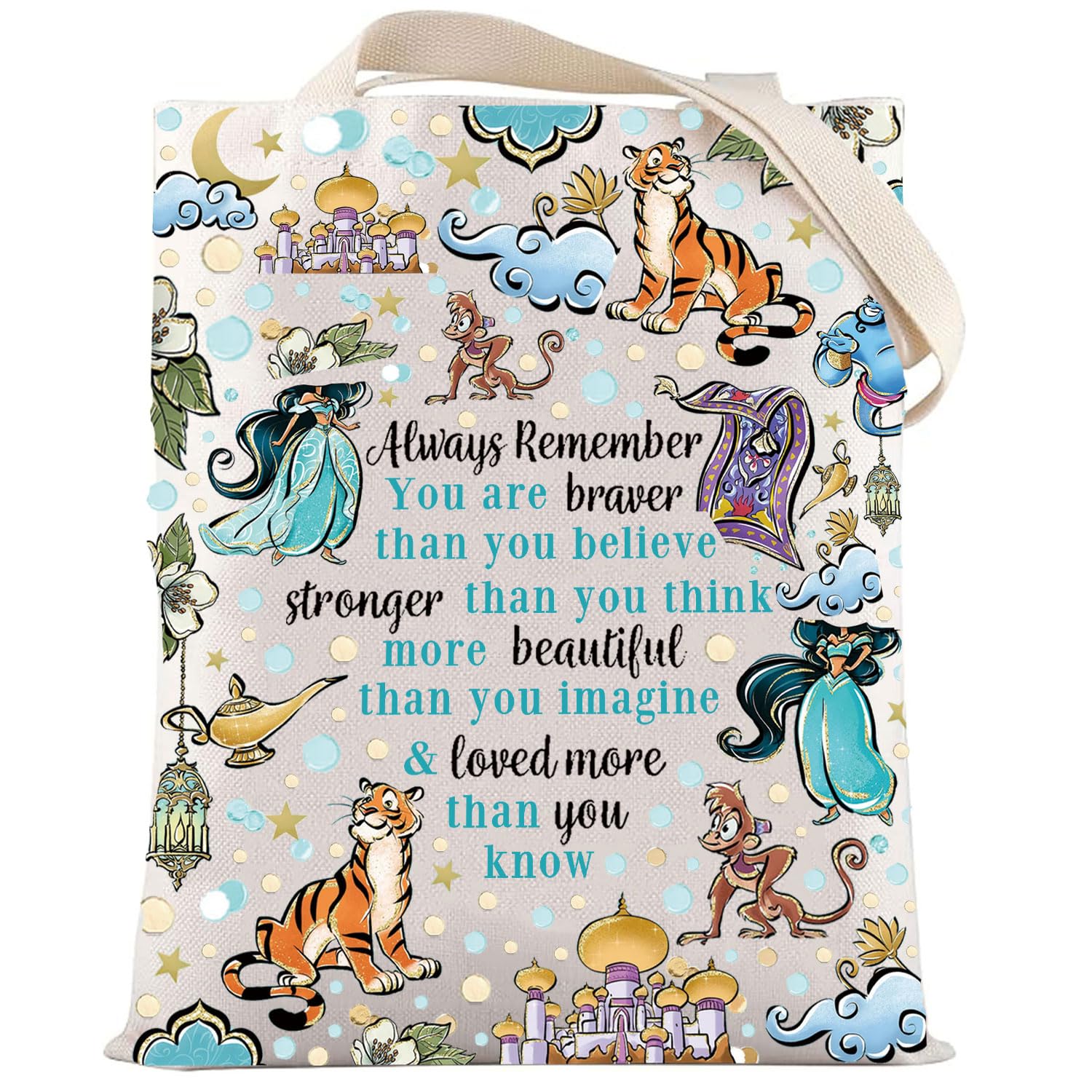 LEVLO Princess Arab Cosmetic Make Up Bag Fairy Tales Fans Gift You Are Braver Stronger Smarter Than You Think Princess Zipper Pouch Bag For Movie Fans (Always Jasm Tote)