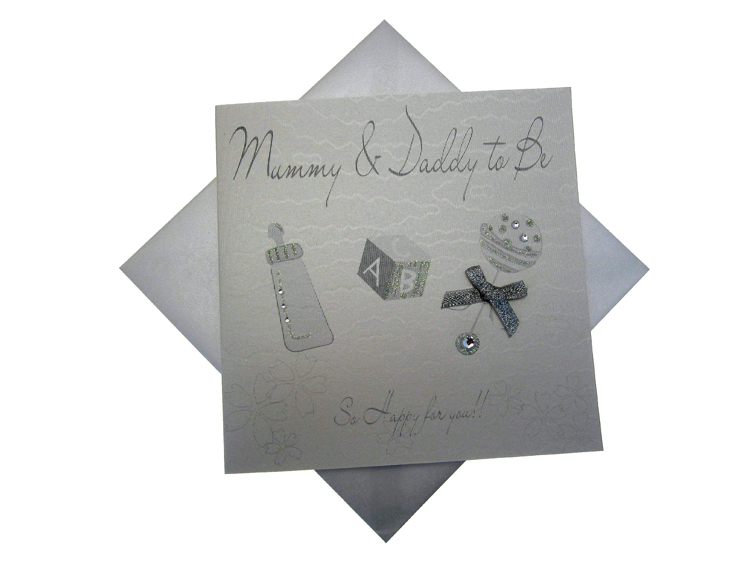 White Cotton Card Mummy and Daddy to Be Rattle (Silver)
