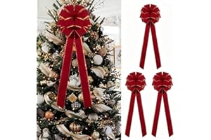 Red Velvet Christmas Tree Bows - Set of 3 Large 12x33 Inch Vintage Holiday Bows for Xmas Tree Decorations, Gift Wrapping, Garland, Party Decor for Indoor Outdoor Dilicoming