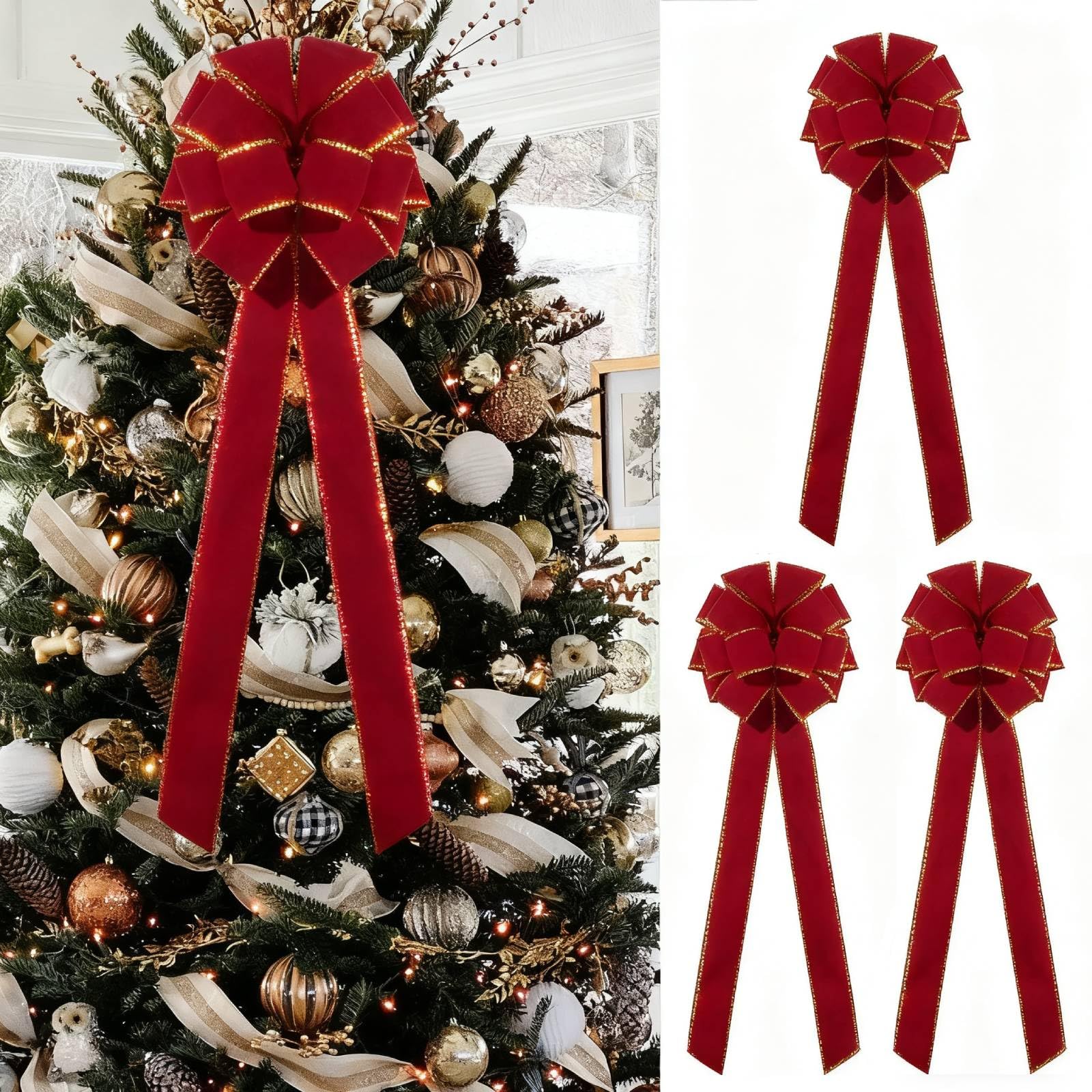 Photo 1 of Red Velvet Christmas Tree Bows - Set of 3 Large 12x33 Inch Vintage Holiday Bows for Xmas Tree Decorations, Gift Wrapping, Garland, Party Decor for Indoor Outdoor Dilicoming
