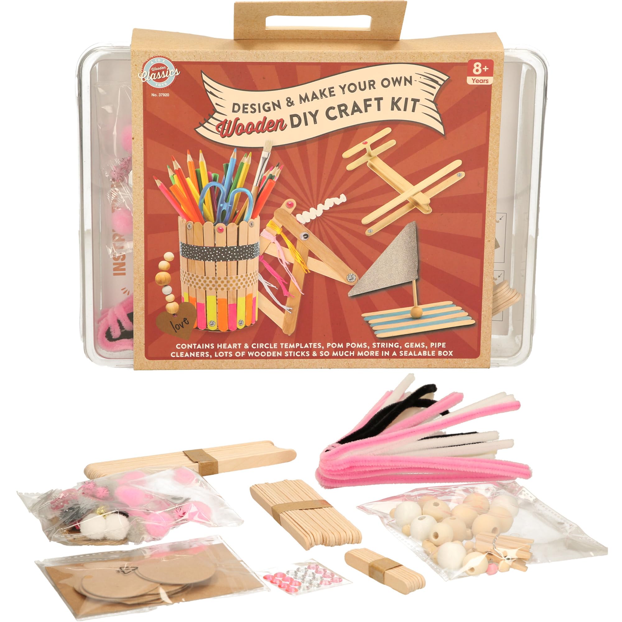 Wooden DIY Craft Kit for Kids 8+, Design & Make Your Own Projects with Templates, Pom Poms, Gems, Craft Sticks in Sealable Box