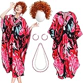Croloose 5 Pcs Halloween Women Landlady Costume Set with Print Caftan Dress Curly Wig Bead Necklace Earring for Cosplay Party