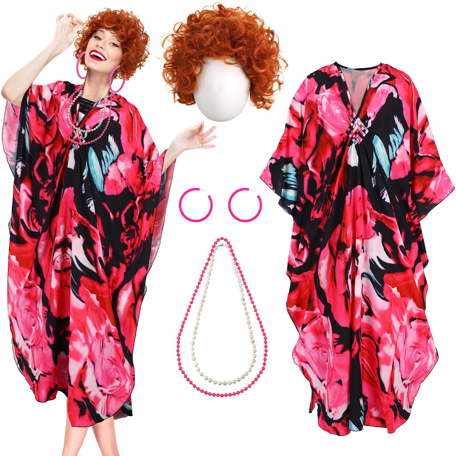 Photo 1 of Croloose 5 Pcs Halloween Women Landlady Costume Set with Print Caftan Dress Curly Wig Bead Necklace Earring for Cosplay Party(Flower Style)