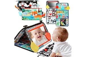 Baby Mirror Toys 0-6 Months - Tummy Time Toys 0-3 3-6 Months with Crinkle Cloth Books, High Contrast Newborn Sensory Toy for 
