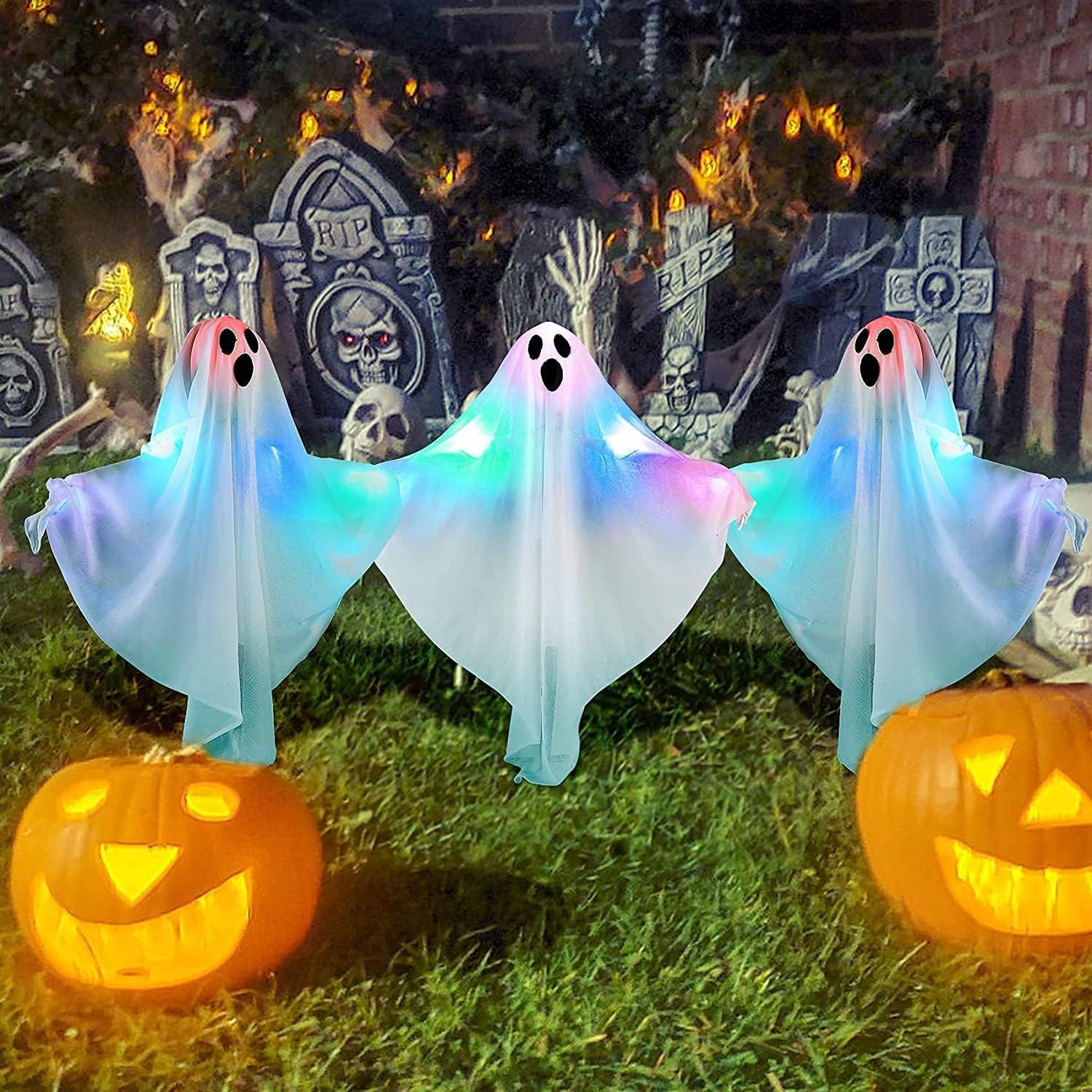 Decorative Garden Stakes - 3 PCS Ghost Halloween Decor Lighted White Ghost Stakes,Light Up Multicolored Lights Cloth Halloween Ghost Yard Stakes,Garden Lawn Outside Haunted House Indoor Outdoor Ornament