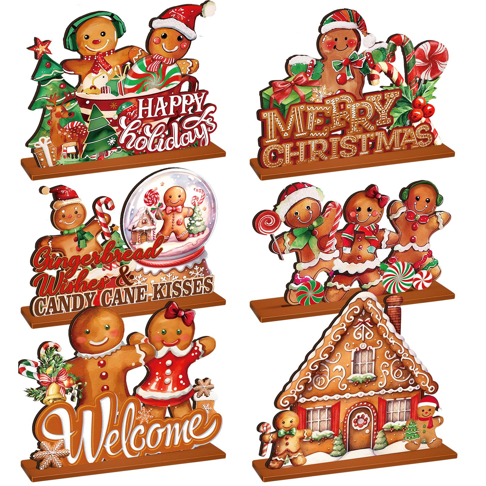 Photo 1 of DoubleFill 6 Pcs Christmas Gingerbread Table Decorations - Gingerbread Candy Wooden Centerpiece Xmas Decorations for Home Farmhouse Office Tabletop Decor