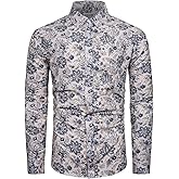 TUNEVUSE Men Floral Dress Shirts Long Sleeve Casual Button Down Flower Printed Shirts 100% Cotton