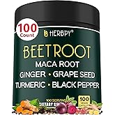 Herbpy 6in1 Beetroot Supplement with Maca Root, Grape Seed, Ginger, Turmeric and Black Pepper for Heart Health & Immune Support - 100 Vegan Capsules