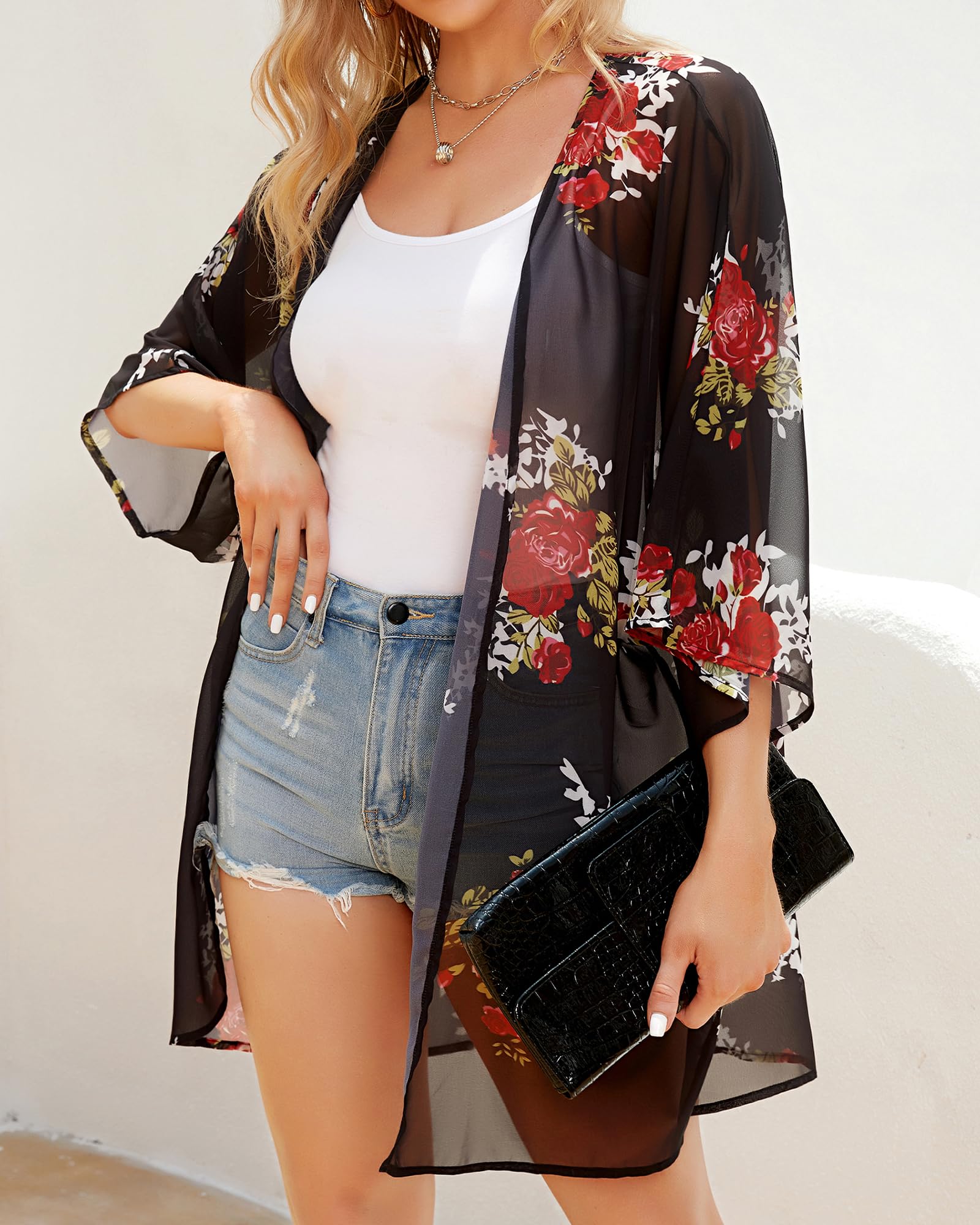 CHICGAL Women's Floral Print Puff Sleeve Kimono Cardigan Loose Cover Up Casual Blouse Tops