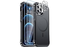 Red2Fire Strong Magnetic for iPhone 12 Pro Max Case, [Compatible with MagSafe] [Tempered Glass Screen Protector + Camera Lens Protector] Heavy Duty Shockproof Protective Phone Case Cover (Black)