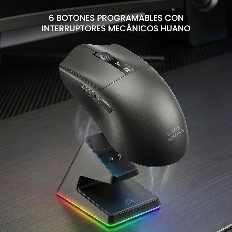 MMW-Elite, rato gaming sem fios, Bluetooth 5.4 + 2.4GPRO + Cabo, sensor ótico PixArt PAW3311PRO 20000 dpi, Ultralight 69g, 6 botões, ecrã OLED, base de carregamento magnético RGB, preto