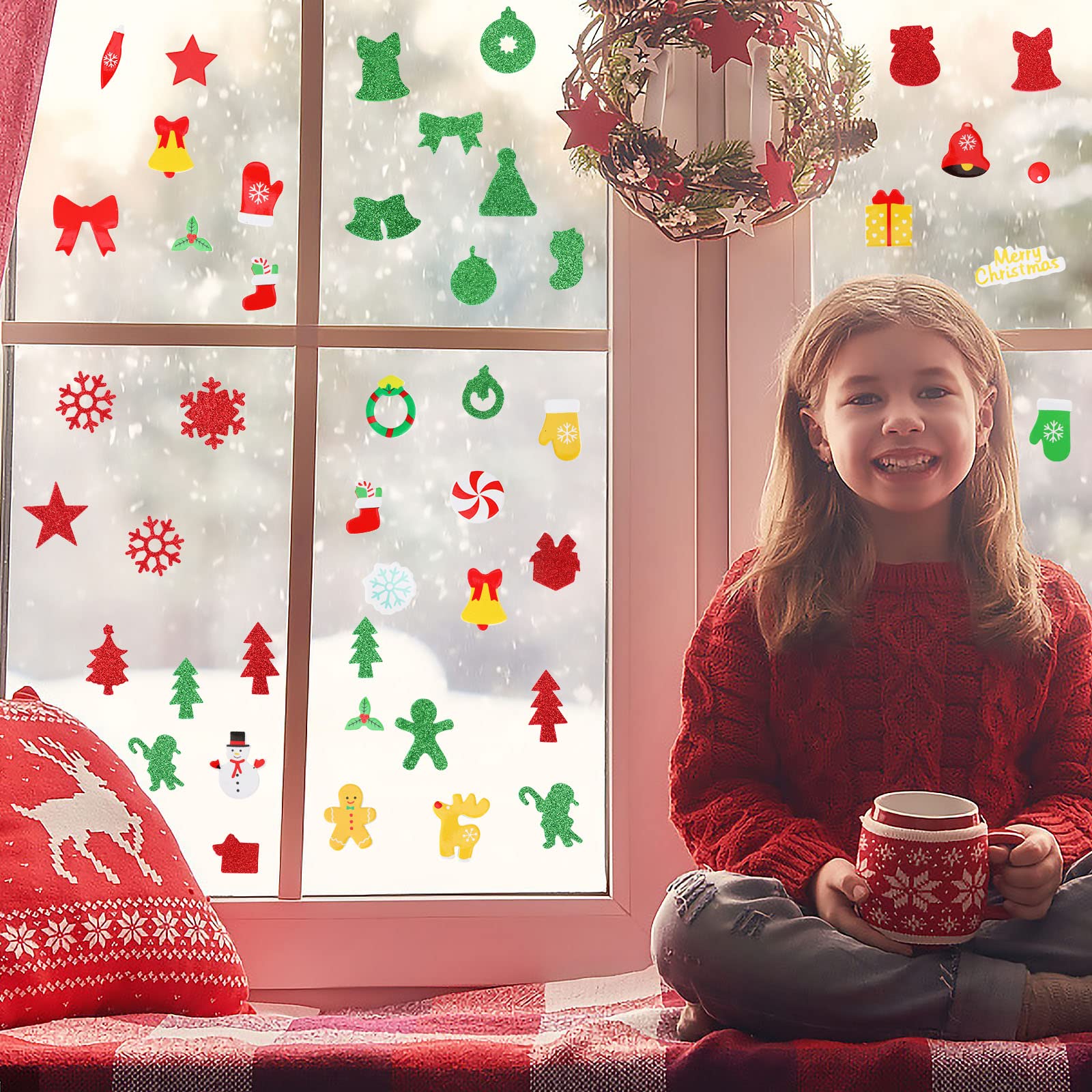 JULBEAR 300 Piece Christmas Foam Stickers - Glitter Self Adhesive Stickers for Crafts, Greeting Cards, Home & Party Decoration (Christmas Style)