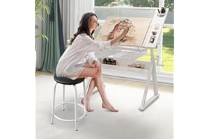 ALYIAMXL Drafting Table Desk w/Stool, Painting Table Art Craft Desk Crafting Table with Tilting Tempered Glass Top, 2 Storage Drawers, Upgraded Hand Crank Height Adjustable (White)