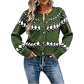 EMMIOL Womens Fair Isle Sweater Cropped Button Up Long Sleeve Cardigans Crewneck Knit Sweater Coats Fall Winter