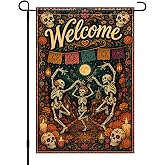 HOMETITUTE Day of the Dead Garden Flag 12x18 Inch Welcome Skeleton Decor | Double sided polyester, sugar skull skeleton design, Day of the Dead and Halloween outdoor decor for porch, garden and yard