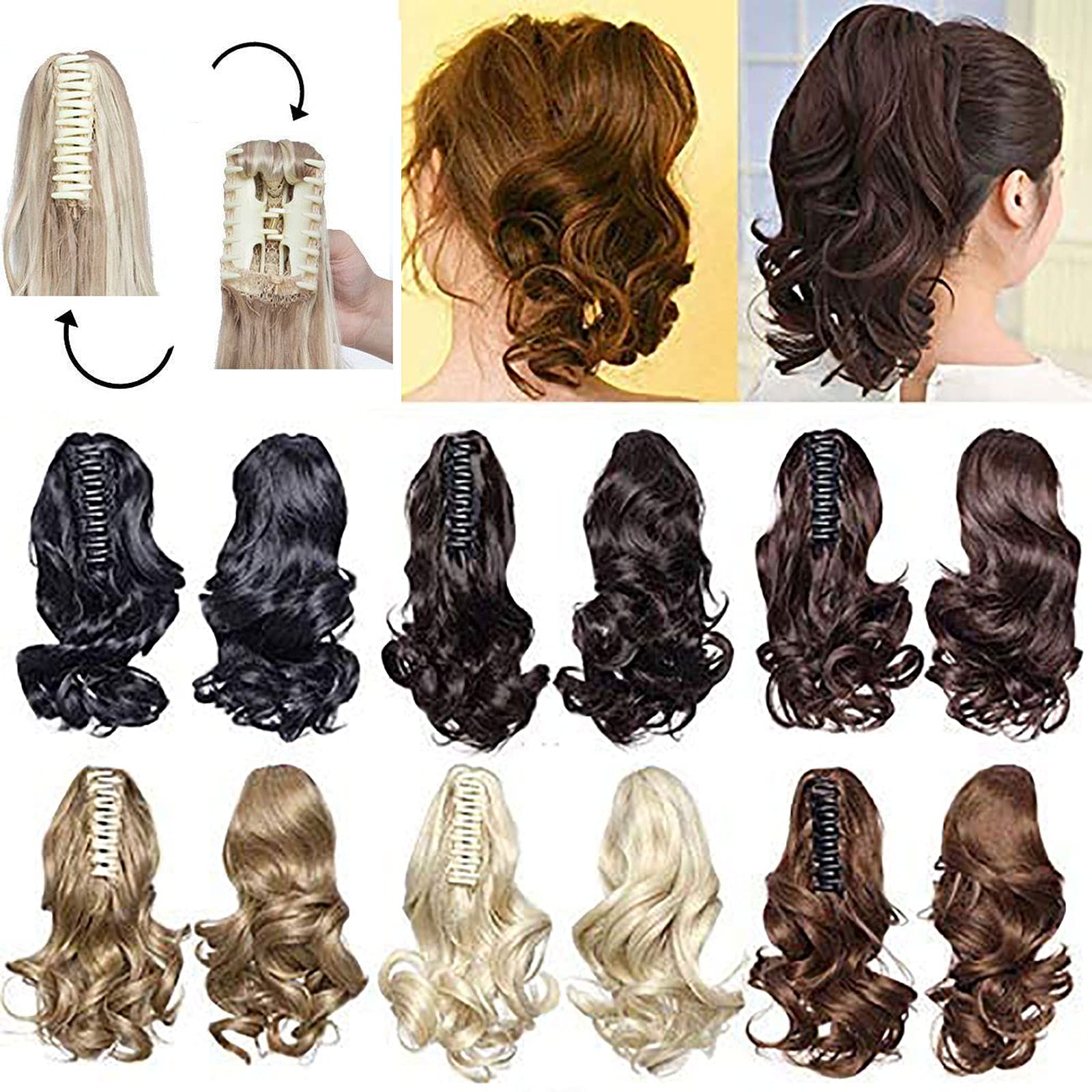 Fashion Claw on Ponytail Long Short Cute Clip in Pony Tail Hair Extensions Handy Jaw Wavy 12" - Coffee Brown & Ash Blonde