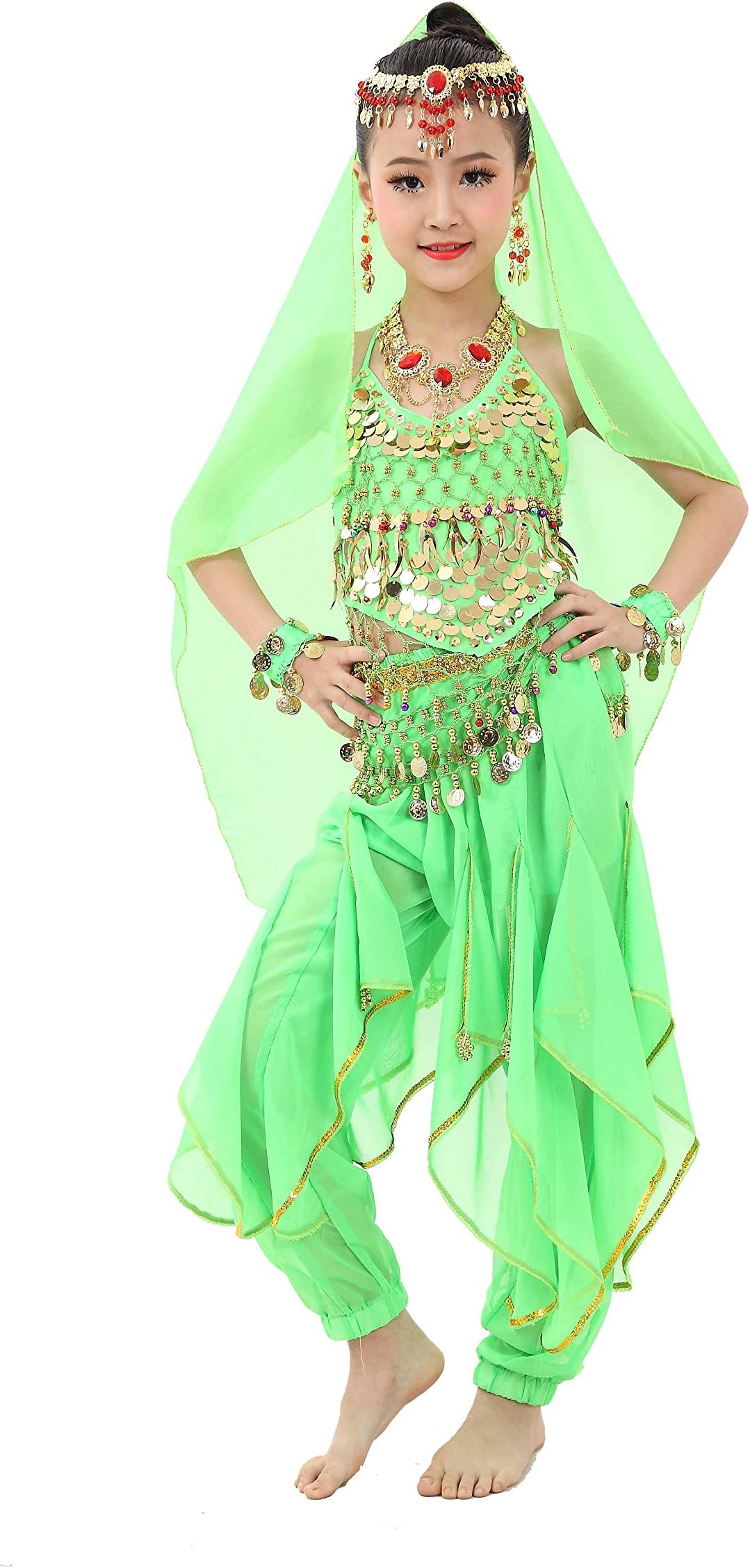 Cielary Kids Girls Belly Dance Halter Top Harem Pants Costume Set Halloween Outfit with Head Veil Waist Chain and Bracelets