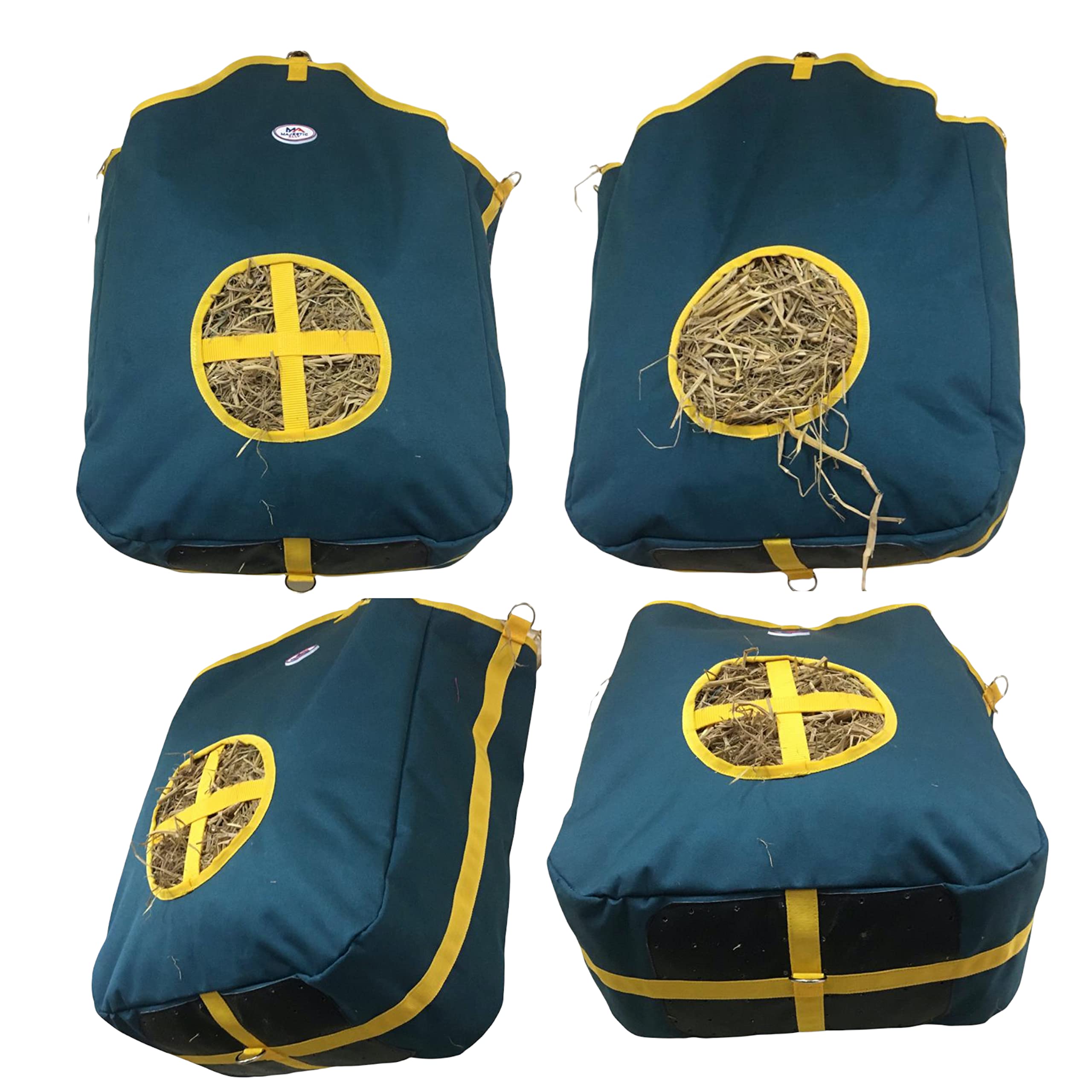 Majestic Ally Nylon Hay Feeder Tote Bag for Horse, Goat, Sheep - Double Sides Open Feed Hole with Faux Leather Ventilated Bottom- Premium Quality -Simulates Grazing - Reduces Waste (Hunter Green) — image 1