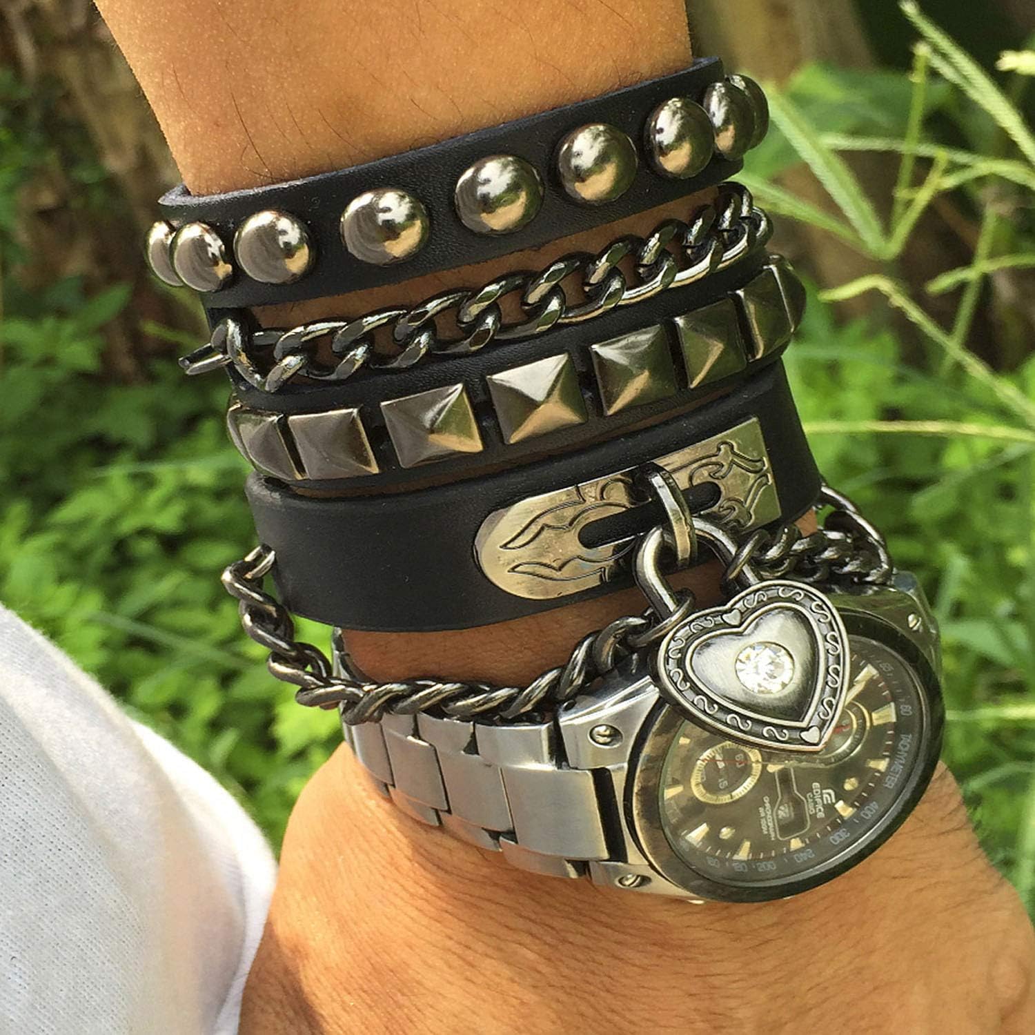 Y-blue Multilayer Bracelet Fashion Punk Leather Woven Braided Cross Bangle Wrist Cuff Wristband (Black): Jewelry