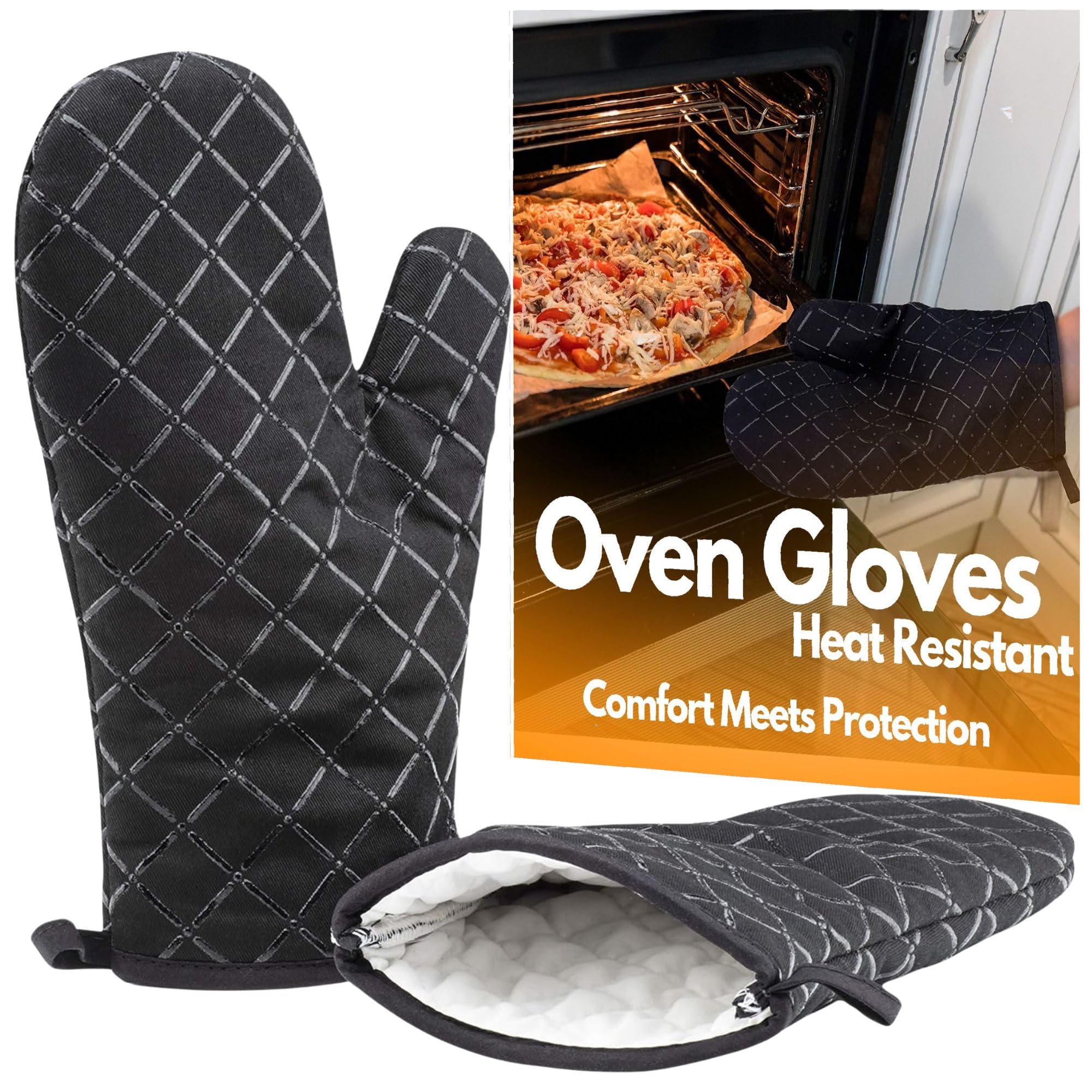 Oven Gloves Heat Resistant Mitts Superior Grip Non Slip Glove 28cm Long Black, 2 Pcs Oven Glove For Coooking,Baking,Grilling