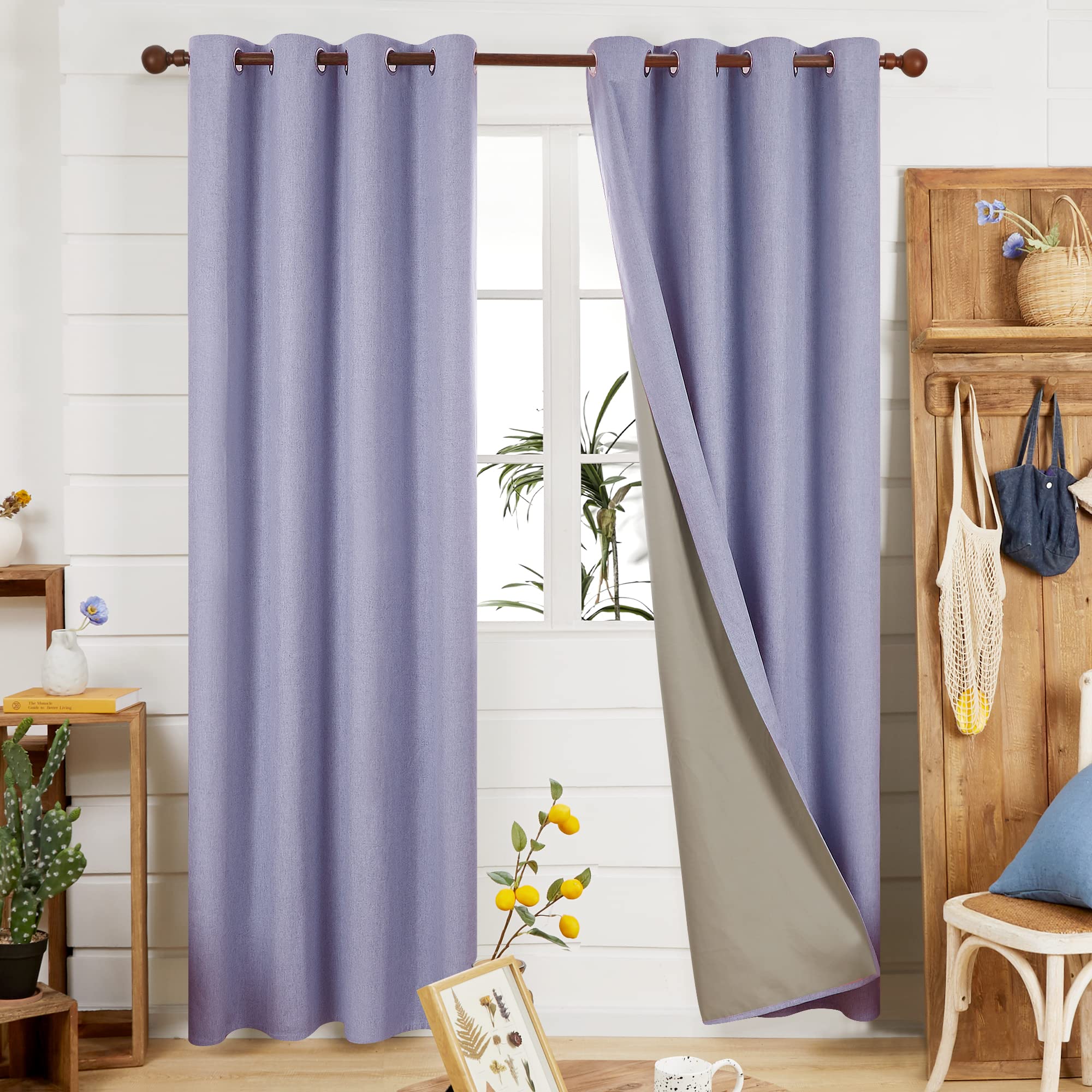 Deconovo Total Blackout Curtains Faux Linen Effect Thermal Insulated Eyelet Curtains for Living Room Purple W46 x L90 One Pair — image 1