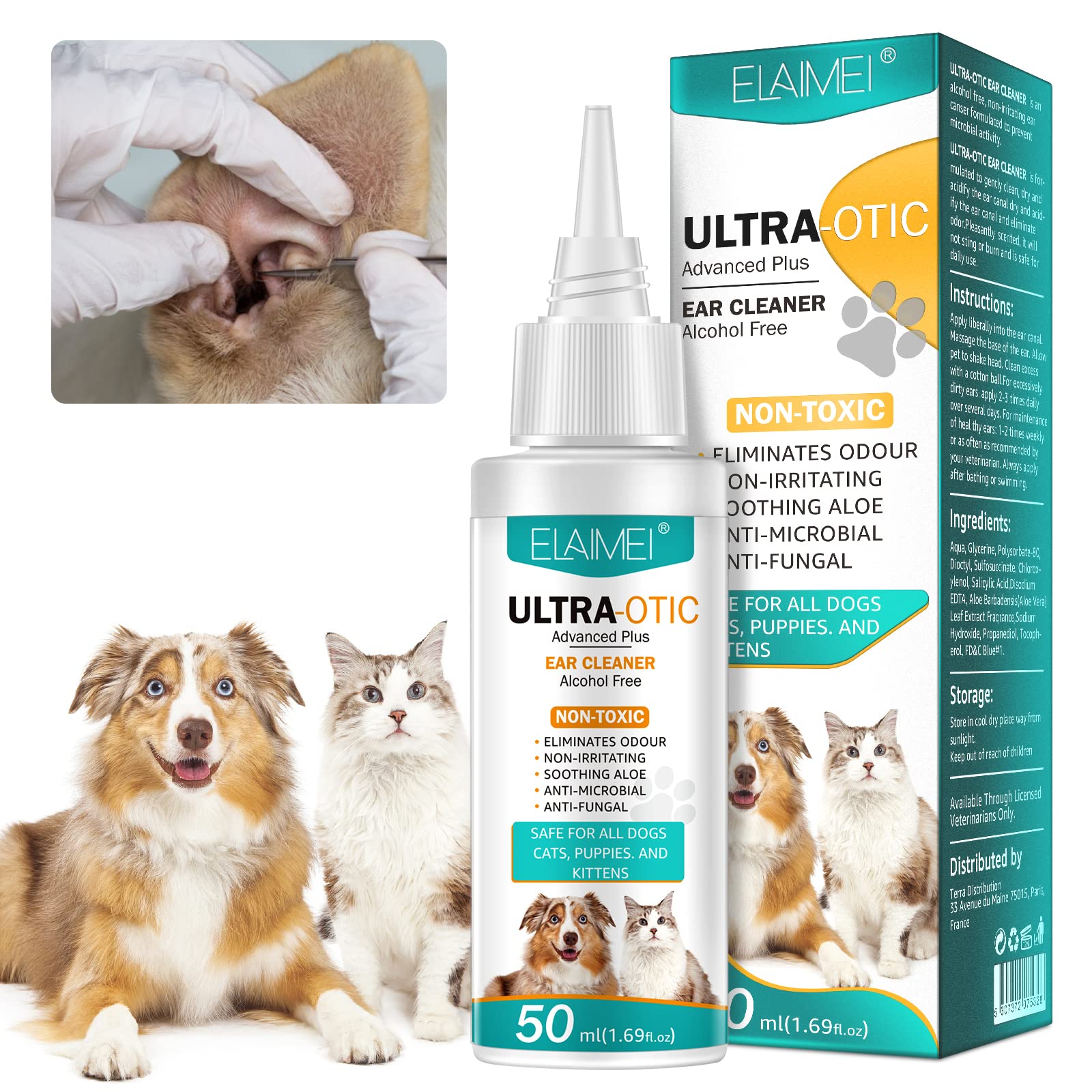 Ear Cleaner for Dogs & Cats 50ml, Ear Drops Dog and Cat for Infection Antibiotics, Ear Care, Ear Mite Treatment, Ear Infection Treatment for Itchy Ear Relief, Soothe Ear Inflammation, Removes Wax
