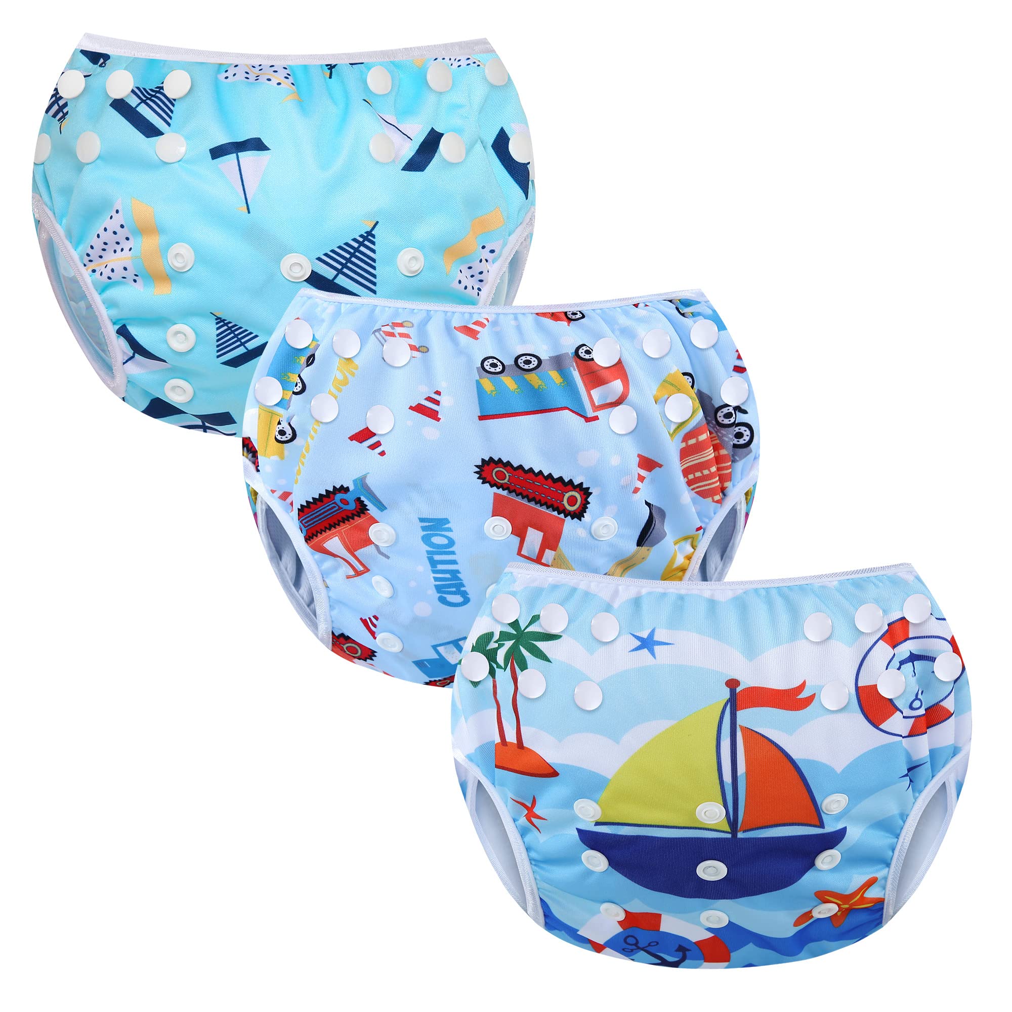 Codkkre Swimming Nappy Reusable Swim Baby Nappies Adjustable Size Washable Pack of 3 Nappies for Swimming Lessons 0-3 Years(Tractor+Boat+Ship)