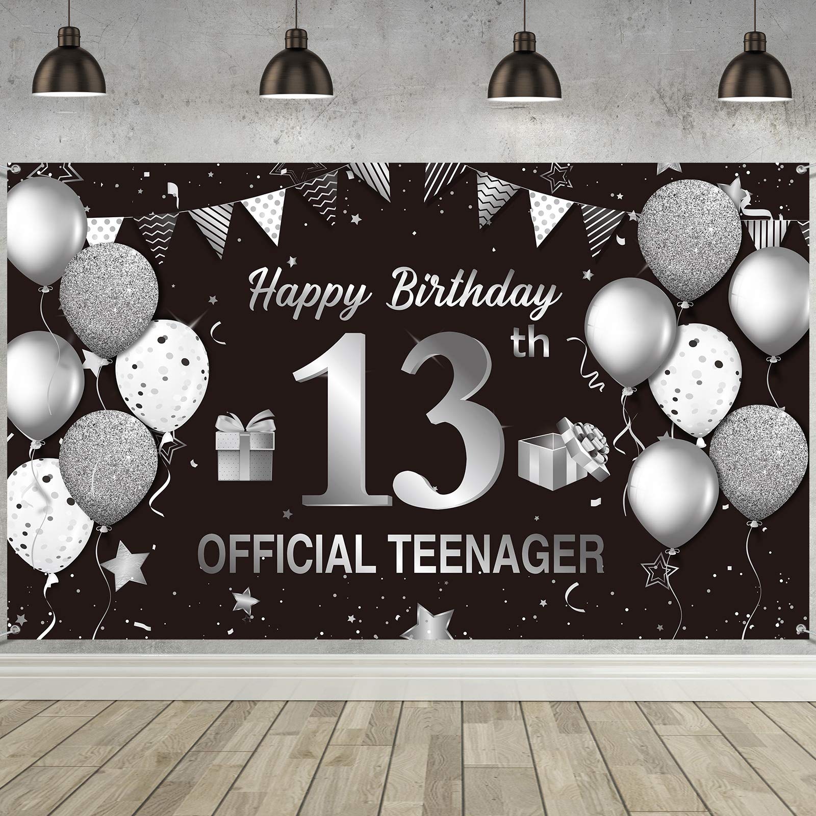 Blulu Happy 13th Birthday Backdrop Banner, Extra Large Fabric, Black & Silver, 72.8 x 43.3 Inch, Polyester, 1 x Banner, 1 x 6m White Rope