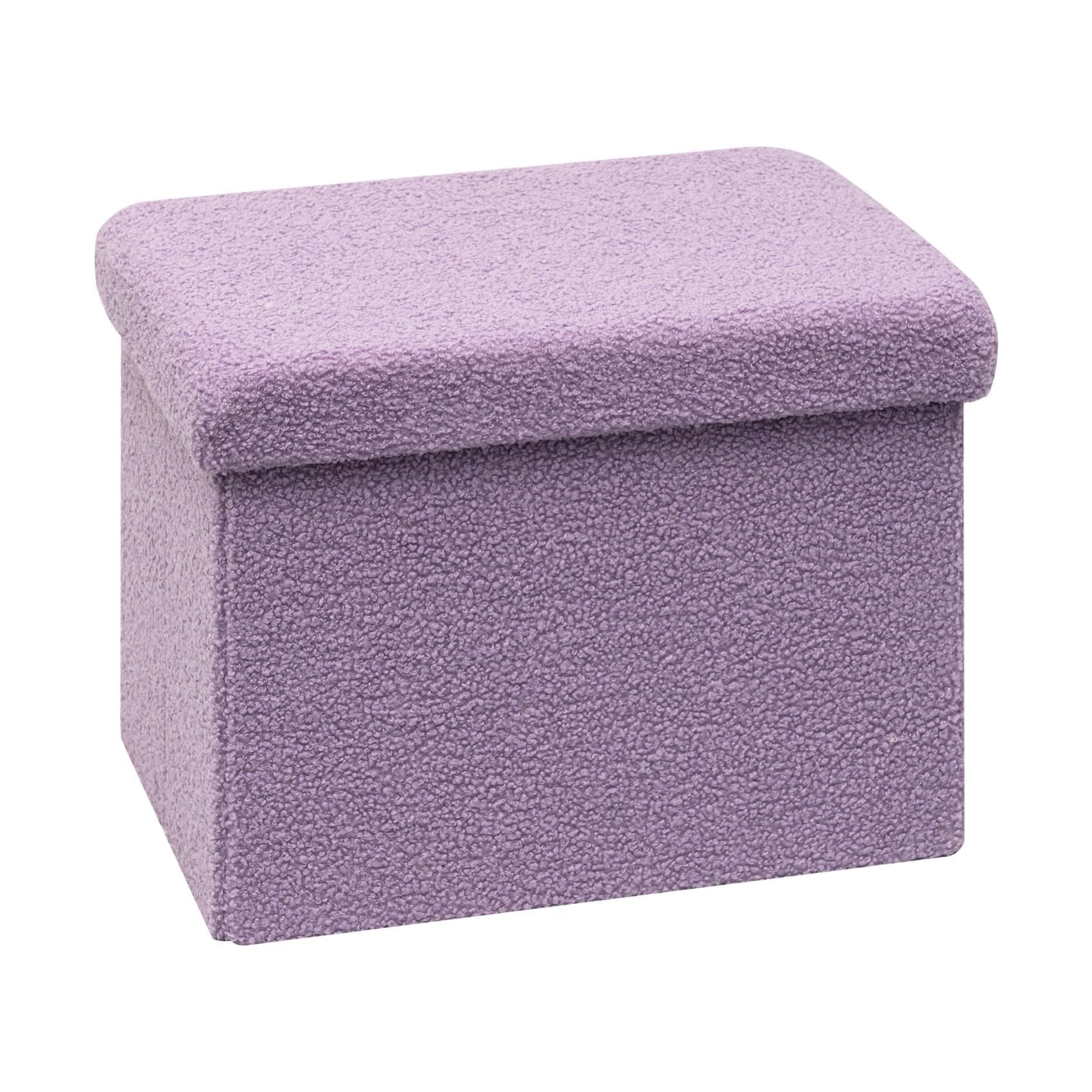Bonlife Boucle Ottoman Seat with Storage,Folding Small Footstool for Living Room,Cube Toy Chest Box,Foot Rest,Purple,42x32x32cm