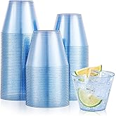 JOLLY CHEF 100 Pack 9 oz Blue Plastic Cups, Disposable Cups Tumblers, Elegant Blue Glitter Party Glasses for Wedding, Thanksgiving Day, Christmas Halloween