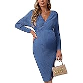 guruixu Wrap V Neck Maternity Sweater Dress Rib Knit Batwing Open Back Slit Pregnancy Dresses Baby Shower Photoshoot Outfit