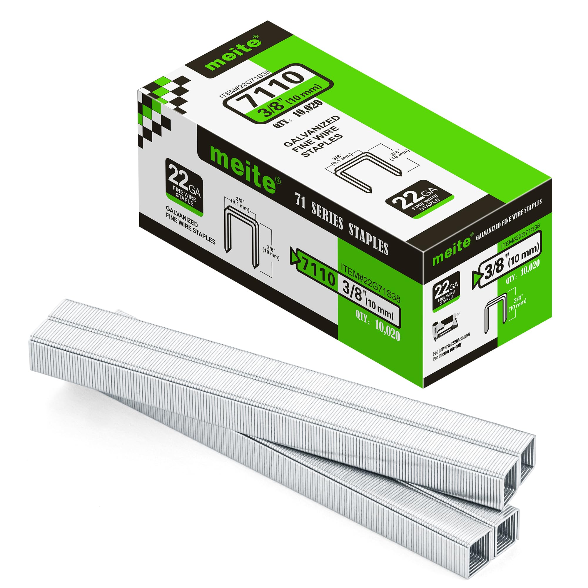 meite Type 71/10 mm Staples, Galvanised Type 71 Upholstery Staples for Staple Gun, 22 Gauge, 9.1 mm Crown, Ideal for Carpet, Work Box, Cable, Shed, Fence (10,000 Counts)
