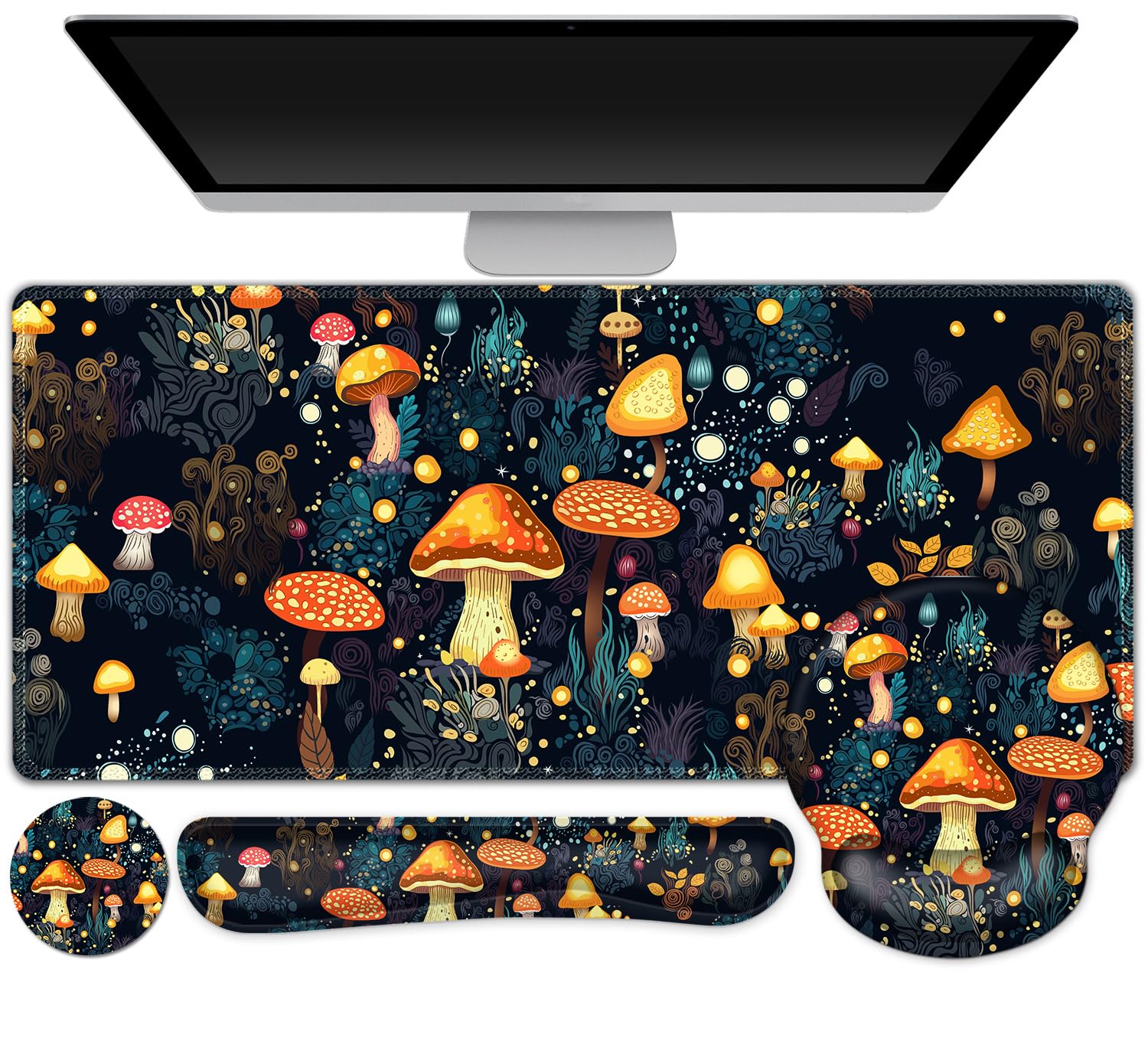 Photo 1 of Gaming Mouse Pad, Large Desk Mat, Cute Desk Pad Protector, 4in1 XXL Mousepad + Keyboard Wrist Rest+Mouse Wrist Rest+Coaster Set with Ergonomic Desk Pad for Home Office Table Computer, Lovely Mushroom