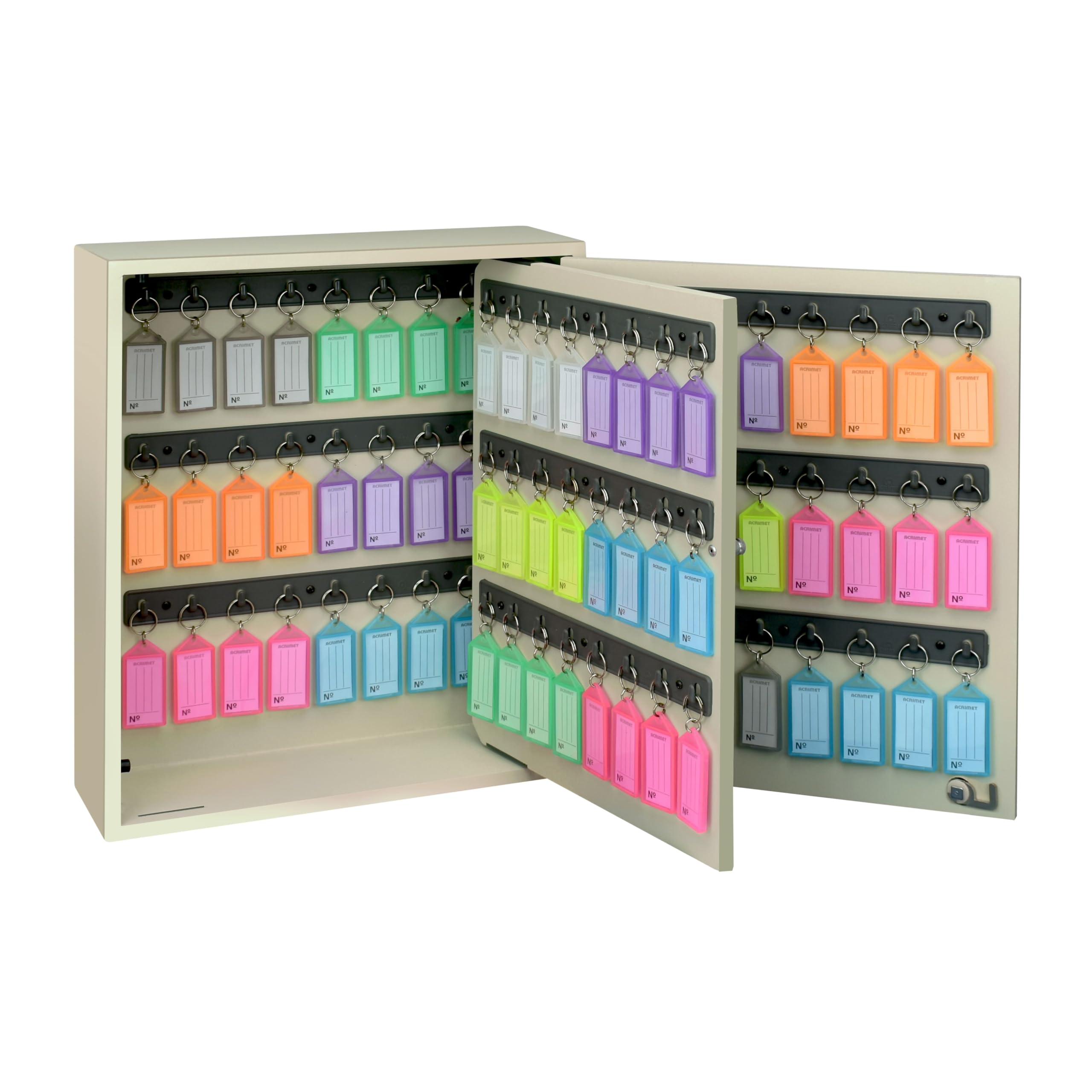 Acrimet 96-Key Cabinet with Lock, Wall Mount Wooden Key Organizer, Security Key Storage Box (96 Positions) with Numbered Hooks & Assorted Key Tags – Commercial & Home Use (Beige)