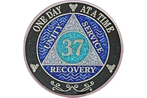 SIMPLY MINIMAL (Years 1-50) 37 Year AA Recovery Silver Color Plated Glitter Medallion, Black Rainbow, Blue, Silver Glitter Coin, Epoxy Covered (AA 37 Year Glitter Medallion)