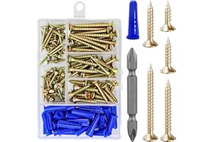 Wensilon (150Pcs) Yellow Zinc Wood Screw Quick Metal Self Tapping Flat Head with Drywall Plastic Anchors kit